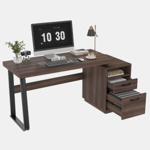 MEUBLES COSY Secretária de Escritório Mesa de Computador Estilo Minimalista com Compartimento Aberto 2 Gavetas e Pernas de Metal 135x54cm Cor Castanho e Preto