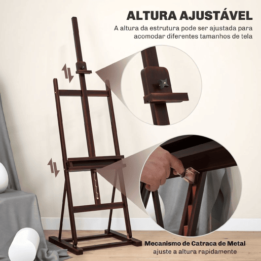 HOMCOM Cavalete de Pintura, 230 cm, Cavalete em Madeira com Altura e Ângulo Ajustáveis, Arrumação, para Adultos, Artistas, Pintores, Estudantes, Castanho