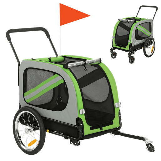 PawHut Reboque de Bicicleta para Cães 2 em 1 Dobrável com Cinto de Segurança, Bandeira e Refletores, 20 kg, 134x62x101 cm, Verde PawHut Reboque de Bicicleta para Cães 2 em 1 Dobrável com Cinto de Segurança, Bandeira e Refletores, 20 kg, 134x62x101 cm, Verde