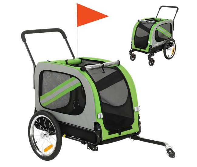 Pawhut remolque de bicicleta para perros 2 en 1, carrito para perros medianos y gatos plegable con cinturón de seguridad, bandera y reflectores, carga