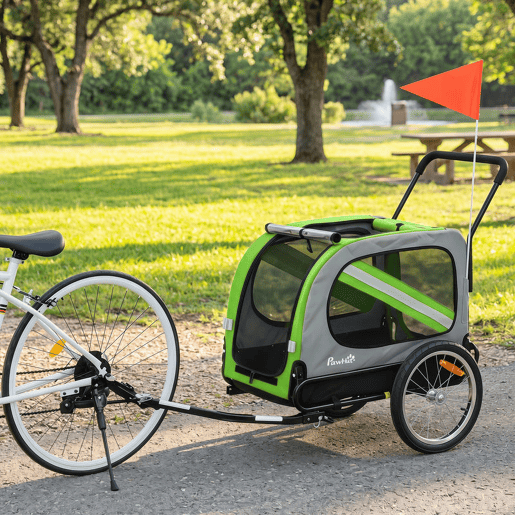 PawHut Reboque de Bicicleta para Cães 2 em 1 Dobrável com Cinto de Segurança, Bandeira e Refletores, 20 kg, 134x62x101 cm, Verde PawHut Reboque de Bicicleta para Cães 2 em 1 Dobrável com Cinto de Segurança, Bandeira e Refletores, 20 kg, 134x62x101 cm, Verde