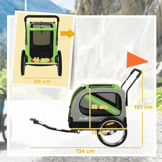 PawHut Reboque de Bicicleta para Cães 2 em 1 Dobrável com Cinto de Segurança, Bandeira e Refletores, 20 kg, 134x62x101 cm, Verde PawHut Reboque de Bicicleta para Cães 2 em 1 Dobrável com Cinto de Segurança, Bandeira e Refletores, 20 kg, 134x62x101 cm, Verde