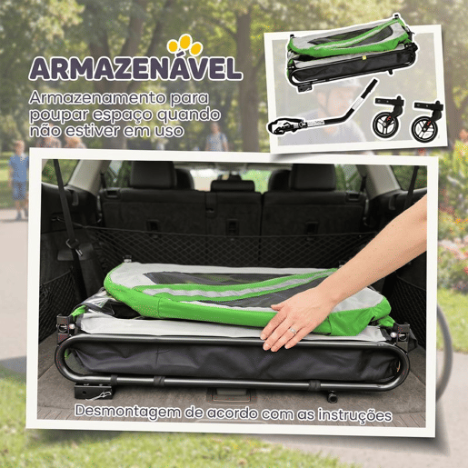 PawHut Reboque de Bicicleta para Cães 2 em 1 Dobrável com Cinto de Segurança, Bandeira e Refletores, 20 kg, 134x62x101 cm, Verde PawHut Reboque de Bicicleta para Cães 2 em 1 Dobrável com Cinto de Segurança, Bandeira e Refletores, 20 kg, 134x62x101 cm, Verde