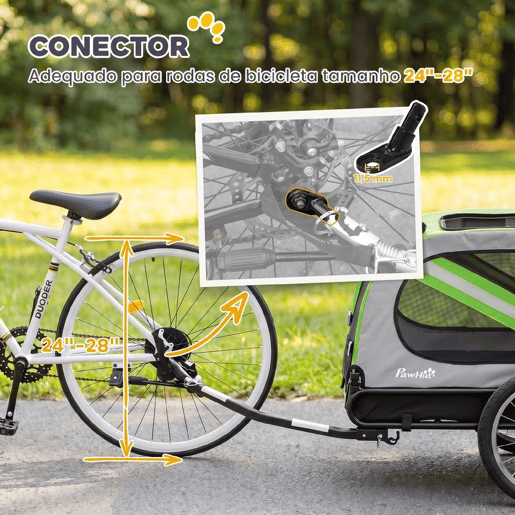 PawHut Reboque de Bicicleta para Cães 2 em 1 Dobrável com Cinto de Segurança, Bandeira e Refletores, 20 kg, 134x62x101 cm, Verde PawHut Reboque de Bicicleta para Cães 2 em 1 Dobrável com Cinto de Segurança, Bandeira e Refletores, 20 kg, 134x62x101 cm, Verde