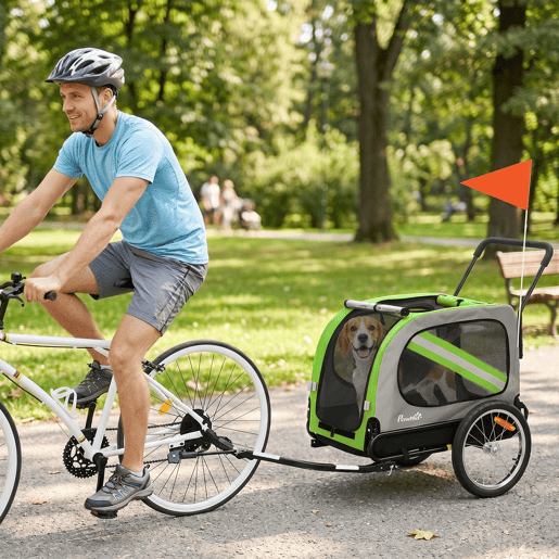 PawHut Reboque de Bicicleta para Cães 2 em 1 Dobrável com Cinto de Segurança, Bandeira e Refletores, 20 kg, 134x62x101 cm, Verde PawHut Reboque de Bicicleta para Cães 2 em 1 Dobrável com Cinto de Segurança, Bandeira e Refletores, 20 kg, 134x62x101 cm, Verde