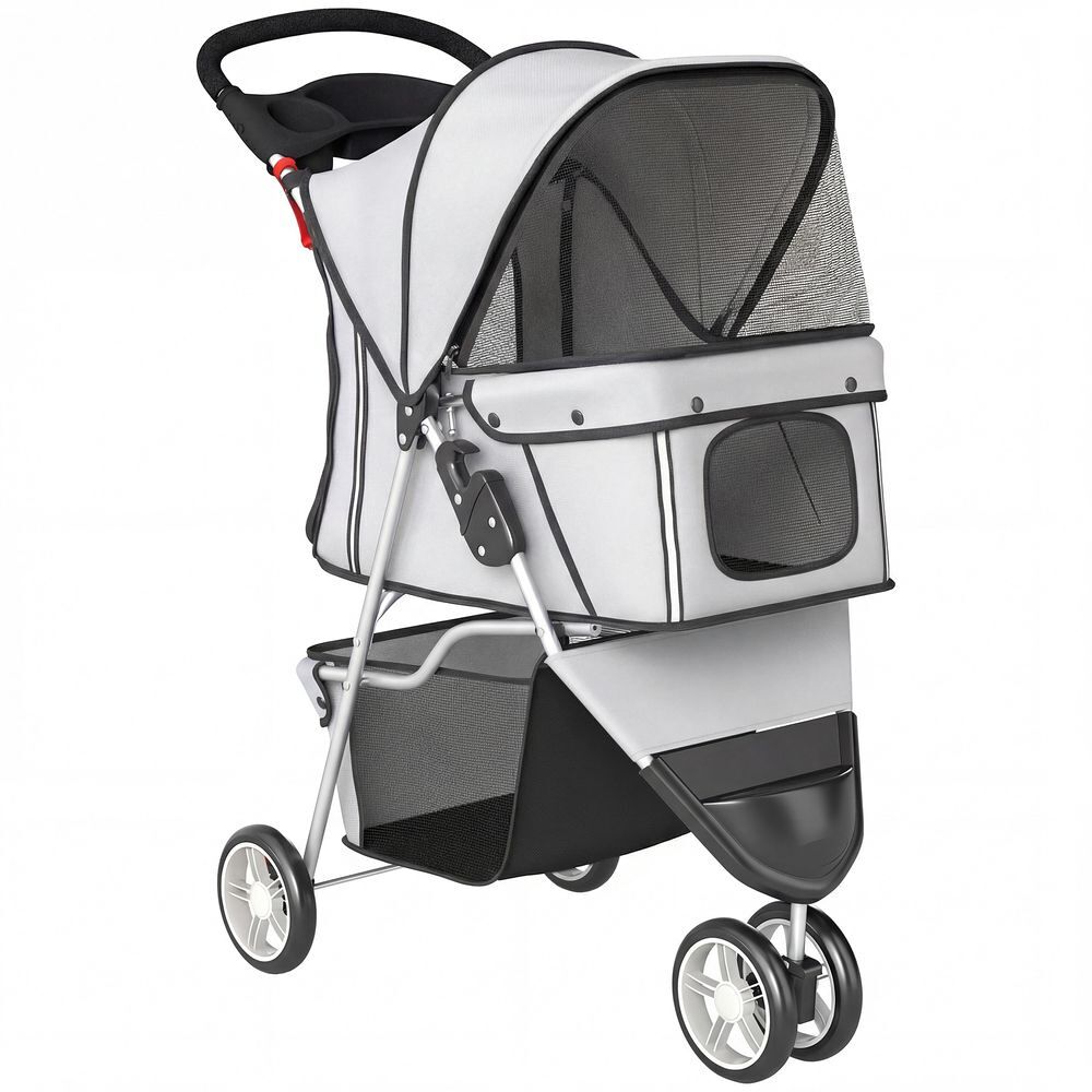 Pawhut carrito para perros gatos plegable, hasta 10 kg, cochecito para perros pequeños de 3 ruedas de eva y frenos, con capota ajustable, cesta,