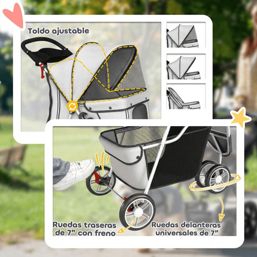 PawHut Carrinho para Cães Dobrável, até 10 kg, Carrinho para Cães Pequenos com 3 Rodas, Capota Ajustável, Cesta, Janelas de Malha, Porta-Copos, Rodas em EVA e Travão, para Gatos, Cinzento Claro PawHut Carrinho para Cães Dobrável, até 10 kg, Carrinho para Cães Pequenos com 3 Rodas, Capota Ajustável, Cesta, Janelas de Malha, Porta-Copos, Rodas em EVA e Travão, para Gatos, Cinzento Claro