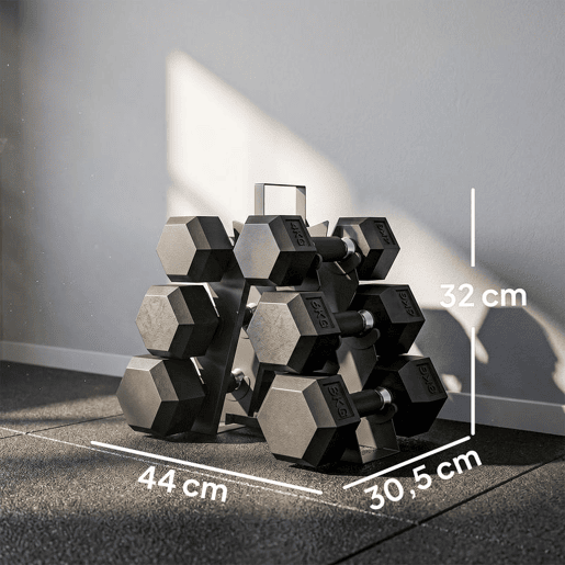 SPORTNOW Conjunto de 6 Halteres 36 kg, 2x4 kg, 2x6 kg e 2x8 kg, Hexagonais com Suporte, Revestimento em Borracha e Pegas Antiderrapantes para Casa e Ginásio SPORTNOW Conjunto de 6 Halteres 36 kg, 2x4 kg, 2x6 kg e 2x8 kg, Hexagonais com Suporte, Revestimento em Borracha e Pegas Antiderrapantes para Casa e Ginásio