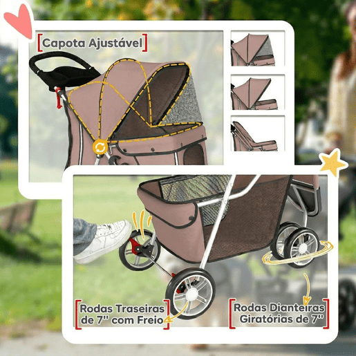 PawHut Carrinho para Cães Pequenos Dobrável com Cesto de Armazenamento, Janelas de Malha e Porta-Copos, Carga Máxima 10 kg, 77x44x102 cm, Castanho