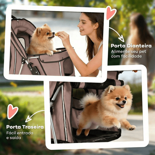 PawHut Carrinho para Cães Pequenos Dobrável com Cesto de Armazenamento, Janelas de Malha e Porta-Copos, Carga Máxima 10 kg, 77x44x102 cm, Castanho