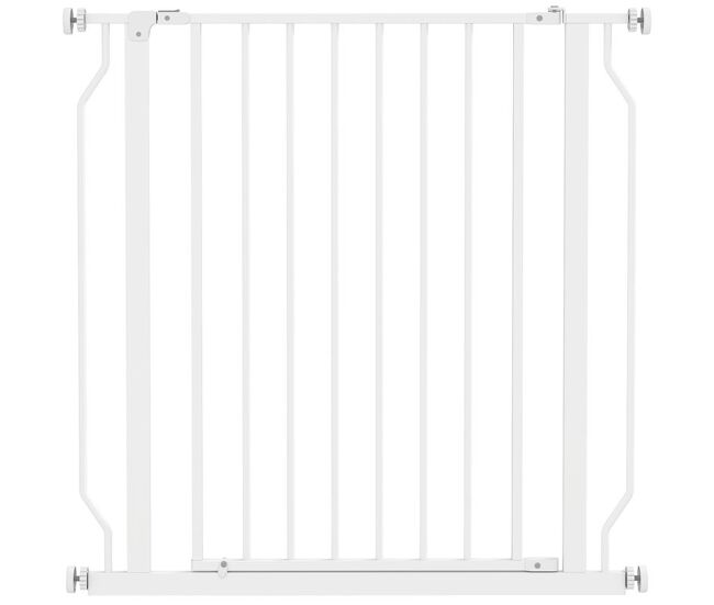 Pawhut barrera de seguridad para perros 75-85 cm para puertas y escaleras puerta de seguridad apertura en dos sentidos y solo una mano montaje a presión y doble bloqueo blanco