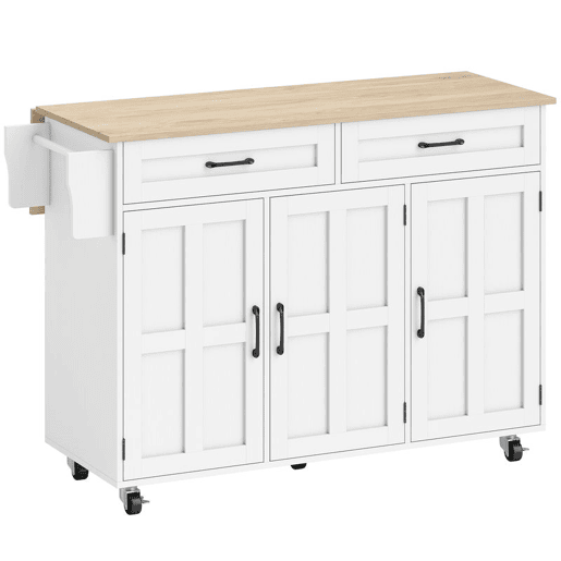 HOMCOM Ilha de Cozinha com Tampo Extensível, Carrinho de Cozinha com Rodas, 2 Gavetas, 3 Armários, Prateleiras na Porta, Toalheiro e Prateleiras Ajustáveis, para Sala de Jantar, Branco
