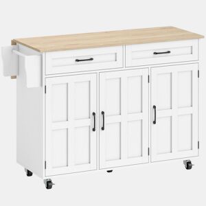 HOMCOM Ilha de Cozinha com Tampo Extensível, Carrinho de Cozinha com Rodas, 2 Gavetas, 3 Armários, Prateleiras na Porta, Toalheiro e Prateleiras Ajustáveis, para Sala de Jantar, Branco