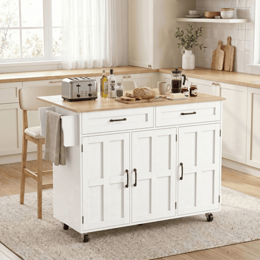 HOMCOM Ilha de Cozinha com Tampo Extensível, Carrinho de Cozinha com Rodas, 2 Gavetas, 3 Armários, Prateleiras na Porta, Toalheiro e Prateleiras Ajustáveis, para Sala de Jantar, Branco