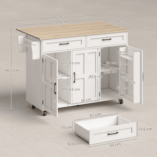 HOMCOM Ilha de Cozinha com Tampo Extensível, Carrinho de Cozinha com Rodas, 2 Gavetas, 3 Armários, Prateleiras na Porta, Toalheiro e Prateleiras Ajustáveis, para Sala de Jantar, Branco