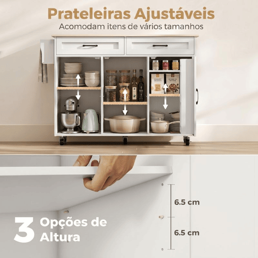 HOMCOM Ilha de Cozinha com Tampo Extensível, Carrinho de Cozinha com Rodas, 2 Gavetas, 3 Armários, Prateleiras na Porta, Toalheiro e Prateleiras Ajustáveis, para Sala de Jantar, Branco