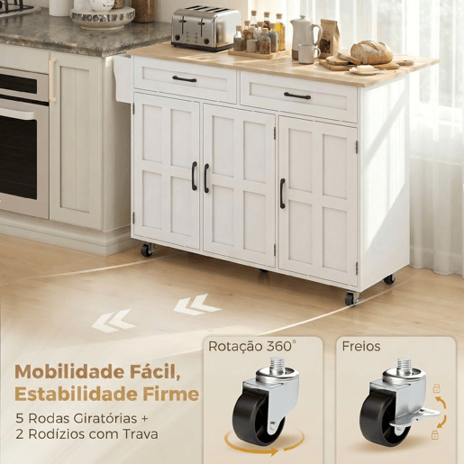 HOMCOM Ilha de Cozinha com Tampo Extensível, Carrinho de Cozinha com Rodas, 2 Gavetas, 3 Armários, Prateleiras na Porta, Toalheiro e Prateleiras Ajustáveis, para Sala de Jantar, Branco