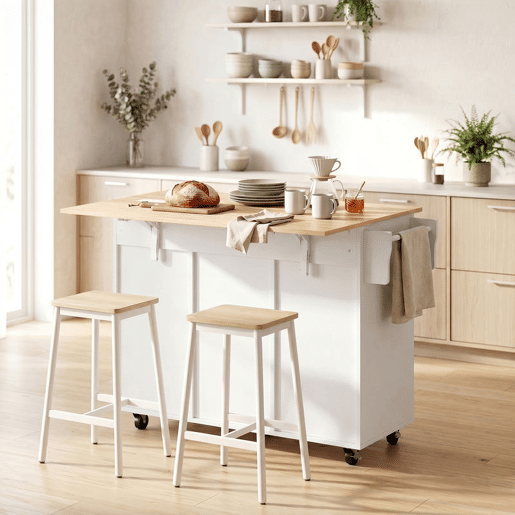 HOMCOM Ilha de Cozinha com Tampo Extensível, Carrinho de Cozinha com Rodas, 2 Gavetas, 3 Armários, Prateleiras na Porta, Toalheiro e Prateleiras Ajustáveis, para Sala de Jantar, Branco