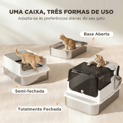 PawHut Caixa de Areia para Gatos XXL em Aço Inoxidável, Tampa Basculante, Entrada Superior, Laterais Altas, Pá e Sistema Antiodor - Branco