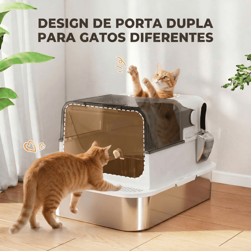 PawHut Caixa de Areia para Gatos XXL em Aço Inoxidável, Tampa Basculante, Entrada Superior, Laterais Altas, Pá e Sistema Antiodor - Branco