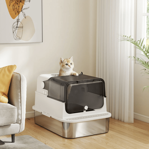 PawHut Caixa de Areia para Gatos XXL em Aço Inoxidável, Tampa Basculante, Entrada Superior, Laterais Altas, Pá e Sistema Antiodor - Branco