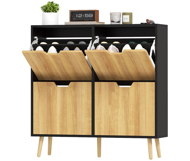 Zapatero estrecho con 4 cajones abatibles y estantes ajustables para 16 pares 95x26x95 cm natural y negro