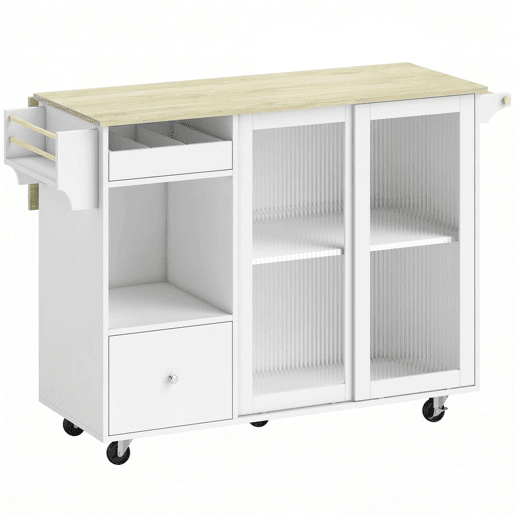 HOMCOM Ilha de Cozinha com Tampo RebatÃvel, Carrinho de Cozinha com Portas de Correr em Vidro, Garrafeira, Rodas, Gaveta, Suporte para Especiarias e Prateleira Ajustável, Branco e Carvalho HOMCOM Ilha de Cozinha com Tampo RebatÃvel, Carrinho de Cozinha com Portas de Correr em Vidro, Garrafeira, Rodas, Gaveta, Suporte para Especiarias e Prateleira Ajustável, Branco e Carvalho