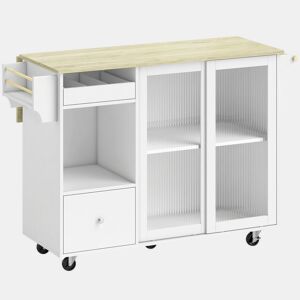 HOMCOM Ilha de Cozinha com Tampo Rebatível, Carrinho de Cozinha com Portas de Correr em Vidro, Garrafeira, Rodas, Gaveta, Suporte para Especiarias e Prateleira Ajustável, Branco e Carvalho
