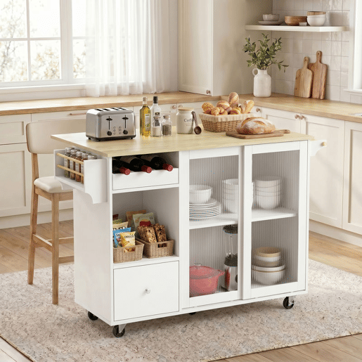 HOMCOM Ilha de Cozinha com Tampo RebatÃvel, Carrinho de Cozinha com Portas de Correr em Vidro, Garrafeira, Rodas, Gaveta, Suporte para Especiarias e Prateleira Ajustável, Branco e Carvalho HOMCOM Ilha de Cozinha com Tampo RebatÃvel, Carrinho de Cozinha com Portas de Correr em Vidro, Garrafeira, Rodas, Gaveta, Suporte para Especiarias e Prateleira Ajustável, Branco e Carvalho
