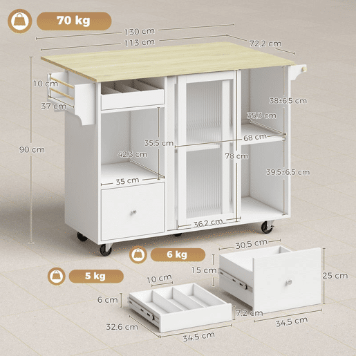 HOMCOM Ilha de Cozinha com Tampo RebatÃvel, Carrinho de Cozinha com Portas de Correr em Vidro, Garrafeira, Rodas, Gaveta, Suporte para Especiarias e Prateleira Ajustável, Branco e Carvalho HOMCOM Ilha de Cozinha com Tampo RebatÃvel, Carrinho de Cozinha com Portas de Correr em Vidro, Garrafeira, Rodas, Gaveta, Suporte para Especiarias e Prateleira Ajustável, Branco e Carvalho