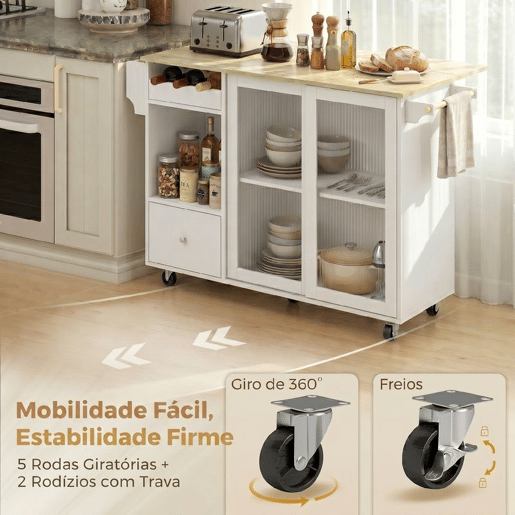 HOMCOM Ilha de Cozinha com Tampo RebatÃvel, Carrinho de Cozinha com Portas de Correr em Vidro, Garrafeira, Rodas, Gaveta, Suporte para Especiarias e Prateleira Ajustável, Branco e Carvalho HOMCOM Ilha de Cozinha com Tampo RebatÃvel, Carrinho de Cozinha com Portas de Correr em Vidro, Garrafeira, Rodas, Gaveta, Suporte para Especiarias e Prateleira Ajustável, Branco e Carvalho