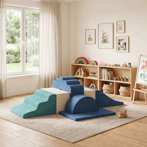 AIYAPLAY Conjunto de 7 Blocos de Espuma para Crianças, Blocos de Psicomotricidade com Base Antiderrapante, Montessori, Conjunto de Escalada Suave para Interior, 6 Meses-3 Anos, Azul