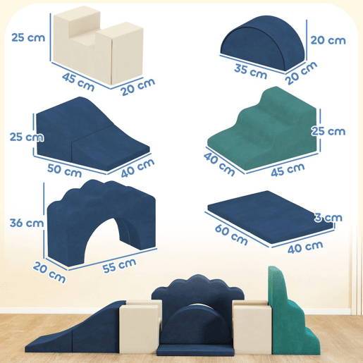 AIYAPLAY Conjunto de 7 Blocos de Espuma para Crianças, Blocos de Psicomotricidade com Base Antiderrapante, Montessori, Conjunto de Escalada Suave para Interior, 6 Meses-3 Anos, Azul