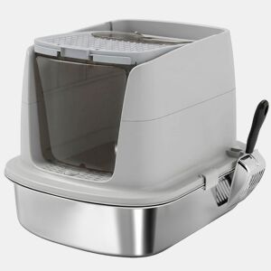 PawHut Caixa de Areia para Gatos em Aço Inoxidável L com Tampa Basculante, Pá Metálica e Bolsa Desodorizante, Fácil de Limpar, Antifugas, Cinzento Claro