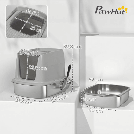 PawHut Caixa de Areia para Gatos em Aço Inoxidável L com Tampa Basculante, Pá Metálica e Bolsa Desodorizante, Fácil de Limpar, Antifugas, Cinzento Claro