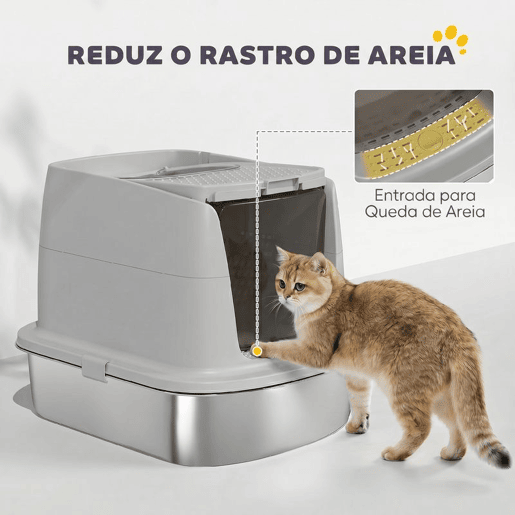 PawHut Caixa de Areia para Gatos em Aço Inoxidável L com Tampa Basculante, Pá Metálica e Bolsa Desodorizante, Fácil de Limpar, Antifugas, Cinzento Claro