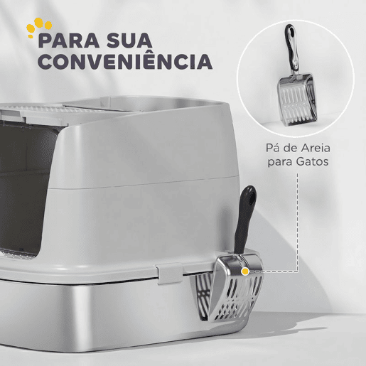 PawHut Caixa de Areia para Gatos em Aço Inoxidável L com Tampa Basculante, Pá Metálica e Bolsa Desodorizante, Fácil de Limpar, Antifugas, Cinzento Claro