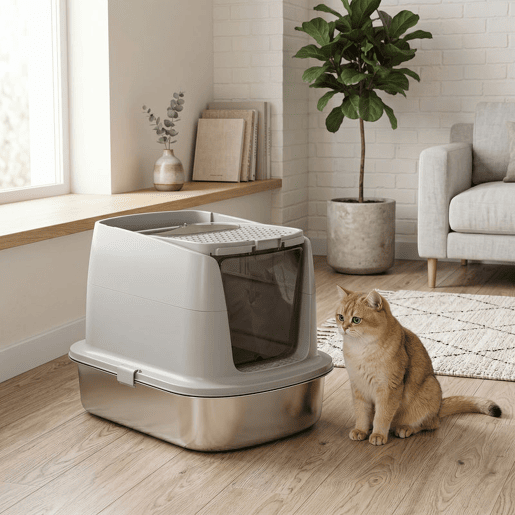 PawHut Caixa de Areia para Gatos em Aço Inoxidável L com Tampa Basculante, Pá Metálica e Bolsa Desodorizante, Fácil de Limpar, Antifugas, Cinzento Claro