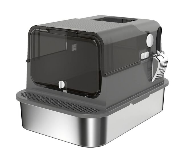 Pawhut arenero para gatos de acero inoxidable xxl, caja de arena para gatos grandes, arenero con tapa abatible, laterales altos, entrada superior,