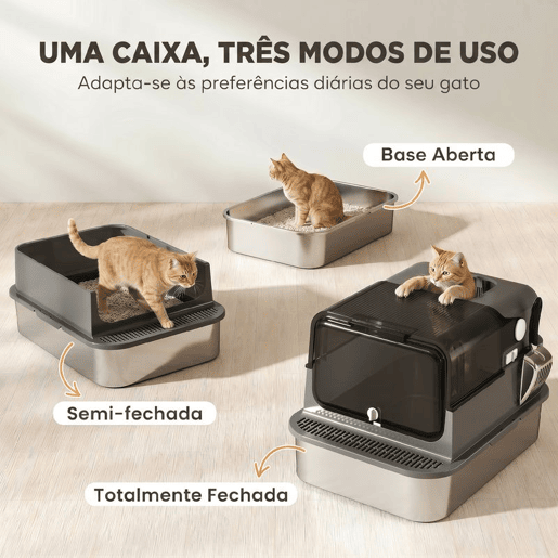PawHut Caixa de Areia para Gatos XXL em Aço Inoxidável, Tampa Basculante, Laterais Altas, Entrada Superior, Pá, Sem Odores, Fácil de Limpar, Antifugas, Preto