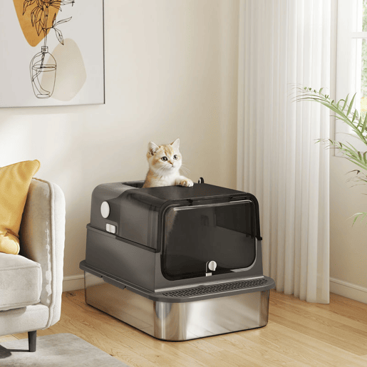 PawHut Caixa de Areia para Gatos XXL em Aço Inoxidável, Tampa Basculante, Laterais Altas, Entrada Superior, Pá, Sem Odores, Fácil de Limpar, Antifugas, Preto