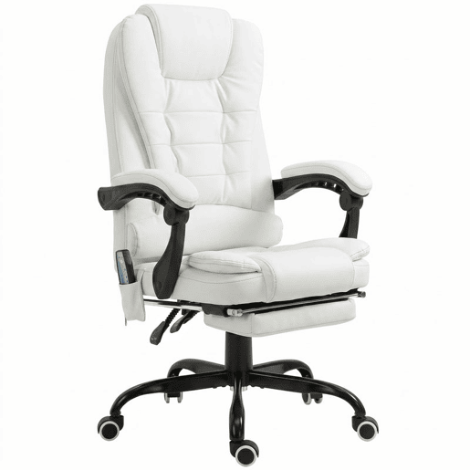 Vinsetto Cadeira de Escritório com Massagem Vibratória em 7 Pontos, Giratória Reclinável com Apoio para os Pés Retrátil, Altura Ajustável, Encosto Alto, Comando Remoto e Tecido PU, Branco Vinsetto Cadeira de Escritório com Massagem Vibratória em 7 Pontos, Giratória Reclinável com Apoio para os Pés Retrátil, Altura Ajustável, Encosto Alto, Comando Remoto e Tecido PU, Branco