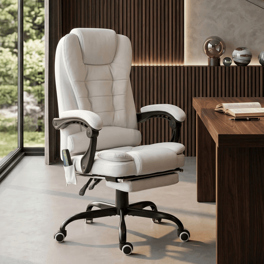 Vinsetto Cadeira de Escritório com Massagem Vibratória em 7 Pontos, Giratória Reclinável com Apoio para os Pés Retrátil, Altura Ajustável, Encosto Alto, Comando Remoto e Tecido PU, Branco Vinsetto Cadeira de Escritório com Massagem Vibratória em 7 Pontos, Giratória Reclinável com Apoio para os Pés Retrátil, Altura Ajustável, Encosto Alto, Comando Remoto e Tecido PU, Branco
