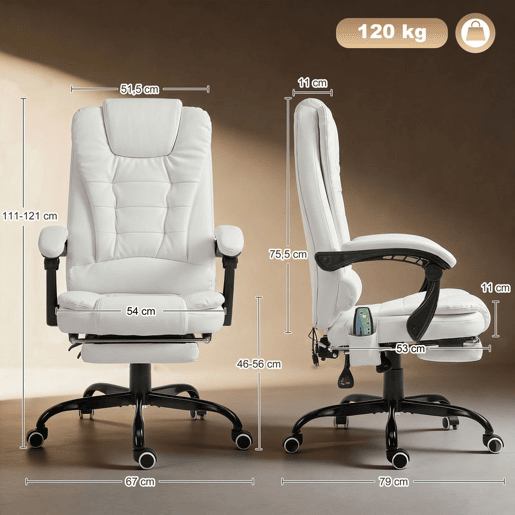 Vinsetto Cadeira de Escritório com Massagem Vibratória em 7 Pontos, Giratória Reclinável com Apoio para os Pés Retrátil, Altura Ajustável, Encosto Alto, Comando Remoto e Tecido PU, Branco Vinsetto Cadeira de Escritório com Massagem Vibratória em 7 Pontos, Giratória Reclinável com Apoio para os Pés Retrátil, Altura Ajustável, Encosto Alto, Comando Remoto e Tecido PU, Branco