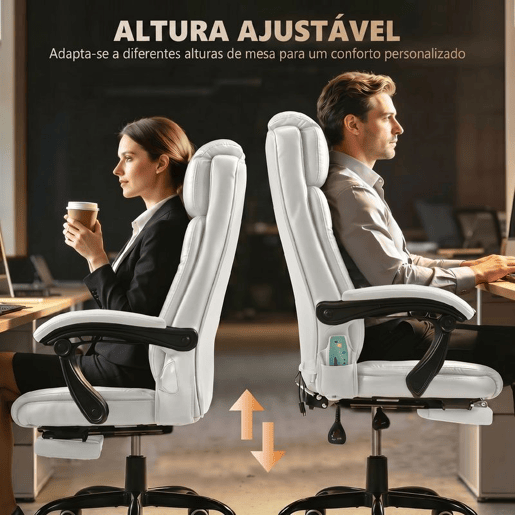 Vinsetto Cadeira de Escritório com Massagem Vibratória em 7 Pontos, Giratória Reclinável com Apoio para os Pés Retrátil, Altura Ajustável, Encosto Alto, Comando Remoto e Tecido PU, Branco Vinsetto Cadeira de Escritório com Massagem Vibratória em 7 Pontos, Giratória Reclinável com Apoio para os Pés Retrátil, Altura Ajustável, Encosto Alto, Comando Remoto e Tecido PU, Branco