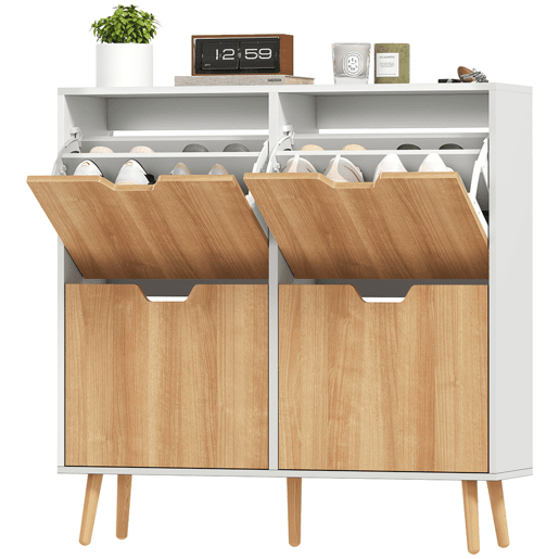 Sapateira estreita com 4 gavetas basculantes e prateleiras ajustáveis para 16 pares, 95x26x95 cm, nases natural e branca