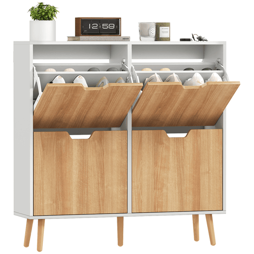 Sapateira estreita com 4 gavetas basculantes e prateleiras ajustáveis para 16 pares, 95x26x95 cm, nases natural e branca