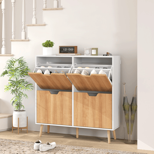 Sapateira estreita com 4 gavetas basculantes e prateleiras ajustáveis para 16 pares, 95x26x95 cm, nases natural e branca