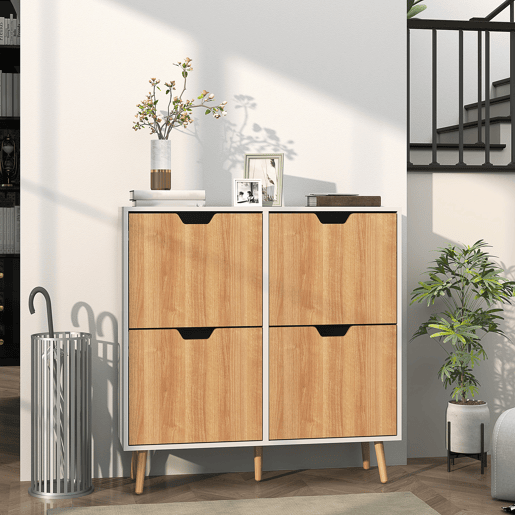 Sapateira estreita com 4 gavetas basculantes e prateleiras ajustáveis para 16 pares, 95x26x95 cm, nases natural e branca