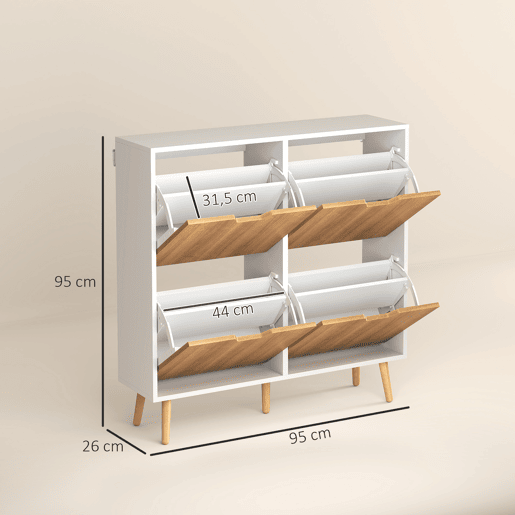 Sapateira estreita com 4 gavetas basculantes e prateleiras ajustáveis para 16 pares, 95x26x95 cm, nases natural e branca